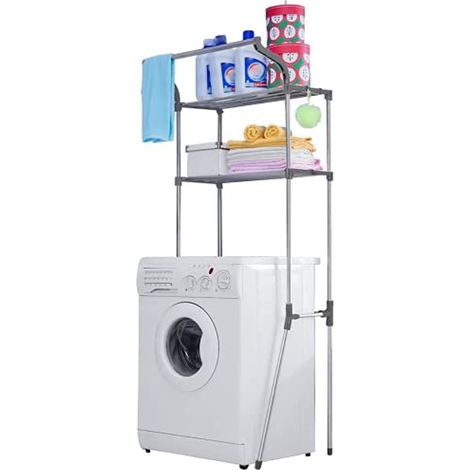 2 Niveaux Etagère au-Dessus des Lave-Linges Toilettes WC Support de Rangemen pour Salle de Bain en Métal Étagère de Stockage Organisateur d'économie d'espace Montage Facile - Gris (1/5)