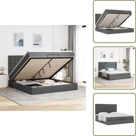 Stauraum - vidaXL Ottoman-Bett mit Matratzen Dunkelgrau 200x200 cm Stoff - Hydraulikheber (1/5)