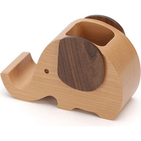 Stiftehalter und Handyhalterung aus Holz mit Elefantenmotiv, integriertem Stiftebehälter und -halter, Schreibtischdekoration