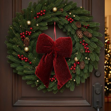 Fiocco per decorazioni natalizie in poliestere con effetto vellutato e brillantini -Bordeaux / h 40 cm (1/5)