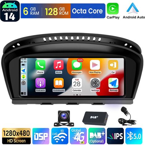 Autoradio Apple CarPlay Android 14 pour BMW Série 5 E60 E61 E90 GPS BT WIFI - 6+128G DAB+MIC CAM (1/5)