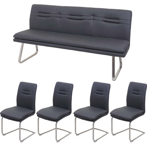 Set panca con 4x sedie a slitta sala pranzo soggiorno cucina HHG-930 tessuto acciaio inox, grigio 180cm