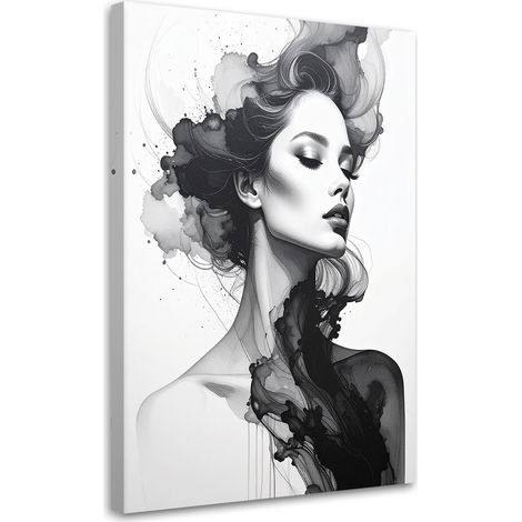Quadro su tela, Ritratto in bianco e nero di una donna con un'astrazione floreale. - 20x30 (1/2)