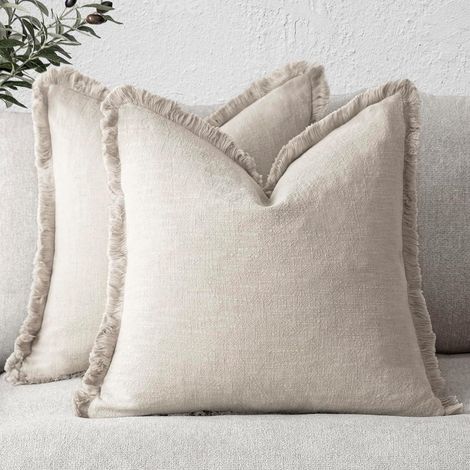 Set of 2 Decorative Linen Fringe Throw Pillow Covers Cozy Boho Farmhouse Cushion Cover with Tassels Soft Accent Pillowcase for Couch Sofa Bed Living Room Home Decor,18×18 Inch,Olive Green (1/5)
