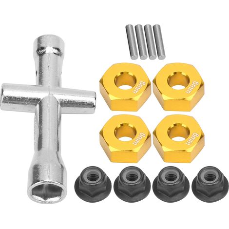 Adaptateur de moyeu hexagonal de roue 12 mm, écrous de blocage à bride M4 de 6 mm d'épaisseur, jeu de clés cruciformes pour voiture RC 1/10 (Or)