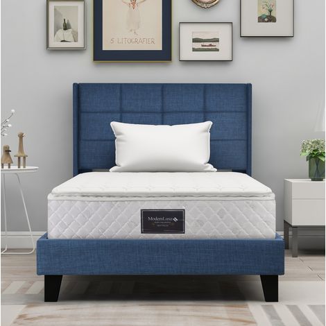Bett 90x200 cm Leinen Blau mit gepolstertem Kopfteil, Lattenrost und Federkernmatratze (1/5)