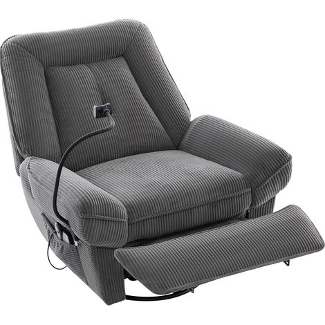 CAIziFauteuil TV électrique inclinable, fauteuil de massage avec fonction massage et chauffage, fauteuil pivotant 360°, fauteuil à bascule pour salon, port USB avec support pour téléphone, gris