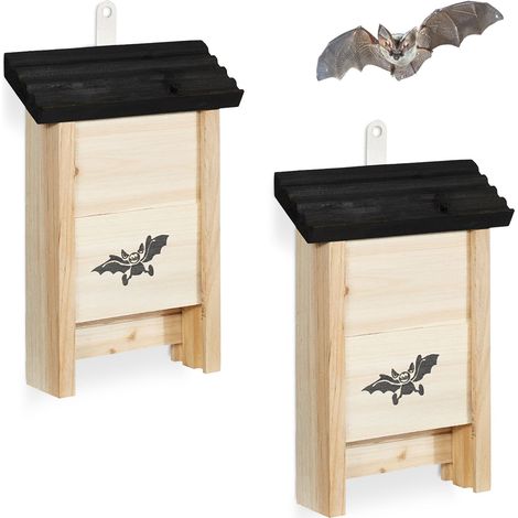 Relaxdays Caja para murciélagos, set de 2, madera sin tratar, HBT 25 x 18 x 6 cm, natural/negro