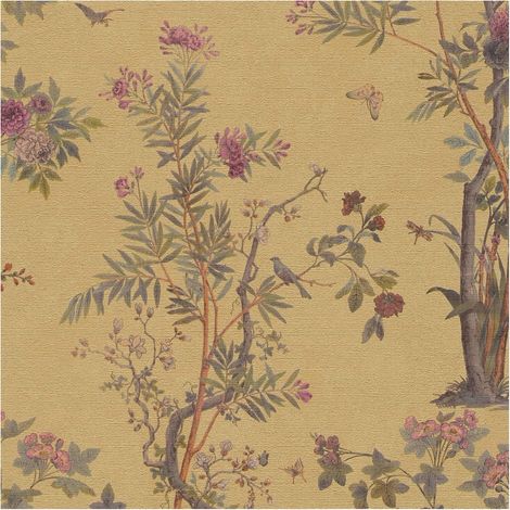 Flowers wallcovering wall Profhome 790432 hot embossed non-woven wallpaper slightly textured with floral ornaments and metallic effect gold olive green brown pink 5,33 m2 (1/5)