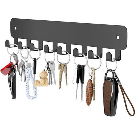Porte Clef Mural, 1 Pièces 8 Crochets Porte Clef Clef Mural Accroche pour Rangement des Clés et Courrier à l'entrée, Raccrocher ustensiles de Cuisine (Noir) (1/5)