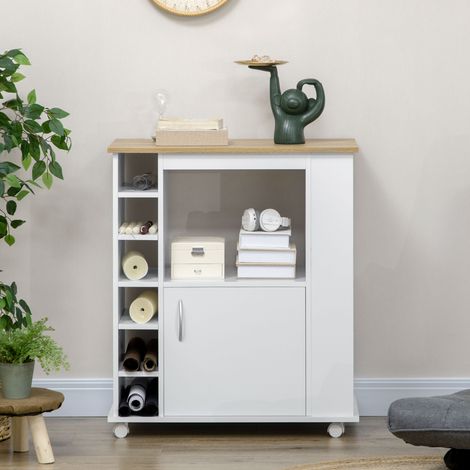 Chariot de cuisine blanc, meuble avec armoire et étagères réglables, roues pivotantes freinées, 75x39.5x88 cm (1/5)
