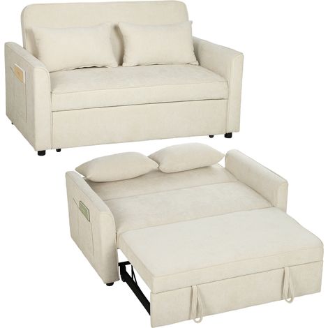 Canapé convertible 2 places 3 en 1, canapé-lit clic clac en chenille 142 cm, dossier réglable, 2 oreillers, beige, pour petit espace, gain de place et confort (1/5)