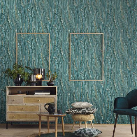 Papier peint moderne turquoise & or graphique | Tapisserie moderne effet marbre chambre adulte | Papier peint tendance bureau (1/2)