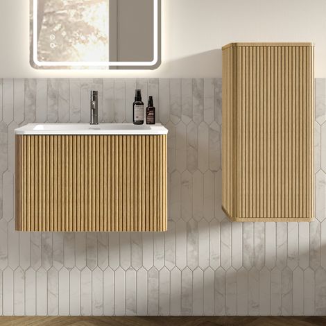 Mueble de lavabo 60 cm con mueble bajo lavabo mural y mueble lateral, color roble OKMYHOME (1/5)