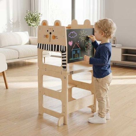 Marchepied de cuisine en bois 3 en 1 pour enfants tout-petits avec tableau noir - noir et blanc (1/5)