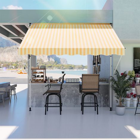 Store banne manuel rétractable 3×1,5m télescopique sans perçage inclinaison hauteur réglables aluminium polyester anti-UV, orange blanc rayé