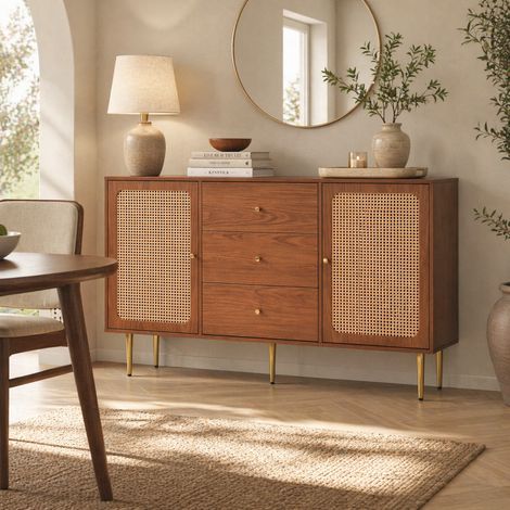 Buffet 150x40x90 cm effet noyer avec 2 portes cannage rotin, 3 tiroirs et étagère réglable, pour salon et chambre