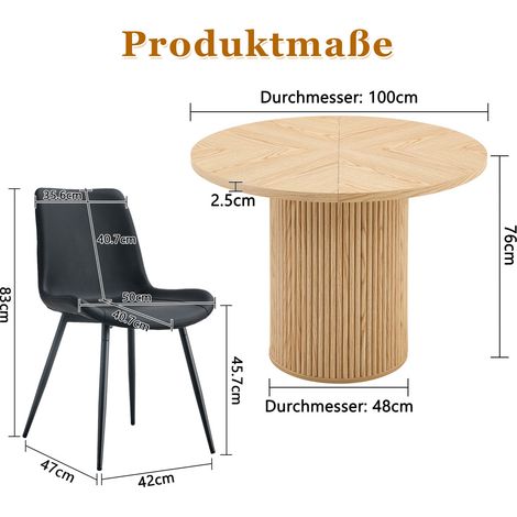 Conjunto de mesa redonda y 4 sillas en MDF color madera clara y negro (1/5)