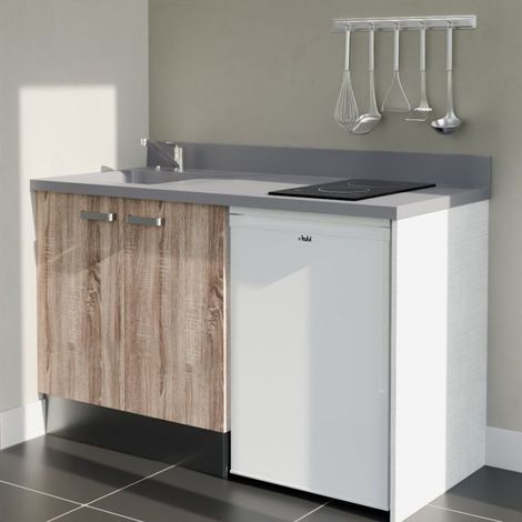 Kitchenette K17L - 140 cm - plan monobloc évier intégré Cromo- évier à gauche - Façades Bois + Electroménager inclus coloris Blanc