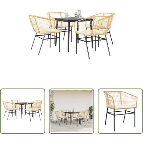 Gartentisch -  5-tlg. Garten-Essgruppe mit Kissen Braun Poly Rattan Glas (1/5)