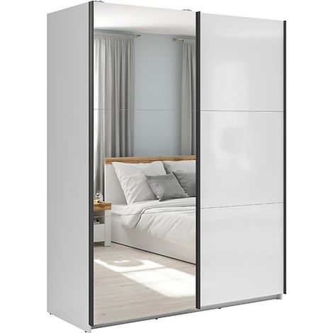 Armoire coulissante avec miroir coloris Blanc brillant - Longueur 153,5 x Profondeur 60 x Hauteur 195,5 cm (1/4)