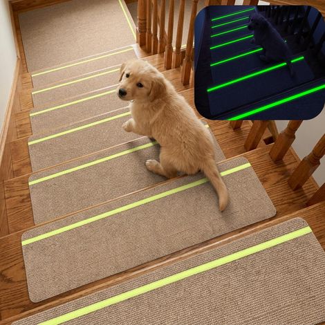 Lot de 15 tapis d'escalier phosphorescents - Autocollant - 76 cm x 20 cm - 100 % polyester - Dos TPE - Pour enfants, personnes âgées et animaux domestiques (beige) (1/5)