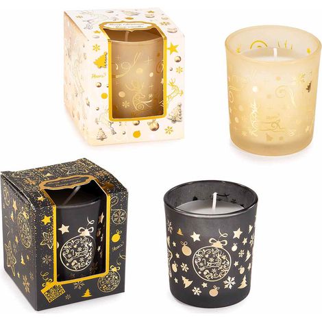 Candele di Natale profumate in bicchiere in vetro con decori in simil oro lucido e confezione regalo con finestra, set da 4 pezzi, Candela: Ø 7 x 8 H
