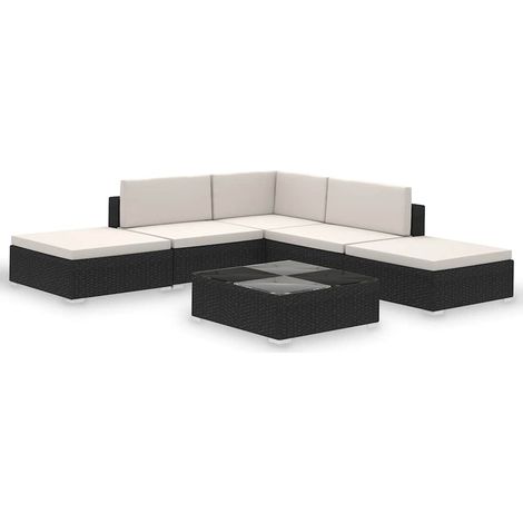 Salon de Jardin 6 Pièces Mobilier Extérieur en Résine Tressée avec Coussins Noir et Blanc Crème (1/5)