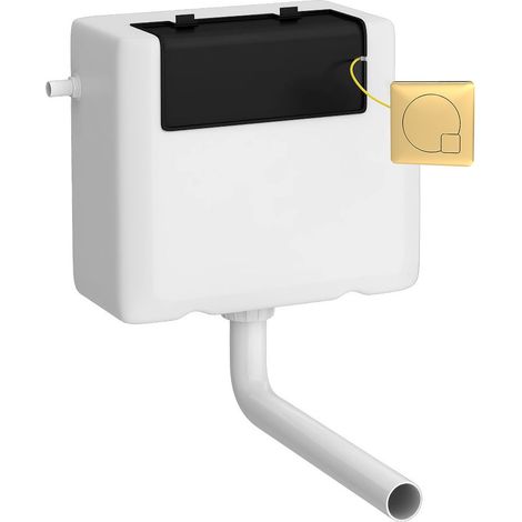 Universal Water Saving Dual Flush Side Inlet & Square Flush Plate - Brushed Brass/White