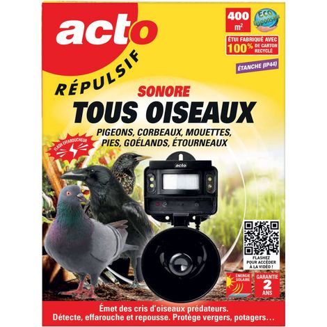 Répulsif sonore pour oiseaux – Technologie solaire autonome – Modes fixe et auto – Protection jusqu'à 400 m² – Émet des sons dissuasifs – Acto