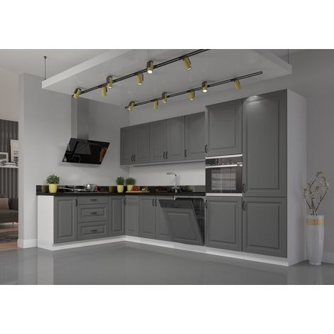 Azura Home Design – Ensemble cuisine en L STILO gris poussière/blanc 470 cm – Finitions métal noir – Tiroirs PREMIUM BOX avec fermeture douce – Fabrication européenne (1/5)