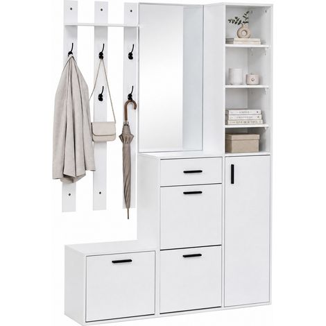 Garde-robe d'entrée avec miroir, 3 range-chaussures, 6 crochets et 13 espaces de rangement, meuble mural blanc en MDF et panneau de particules – CHICFURN (1/5)