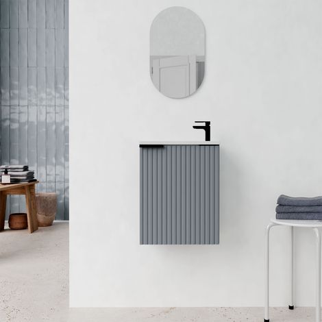 Set mobile da bagno salvaspazio in MDF ondulato grigio 40x50x22 cm e specchio ovale - MILO