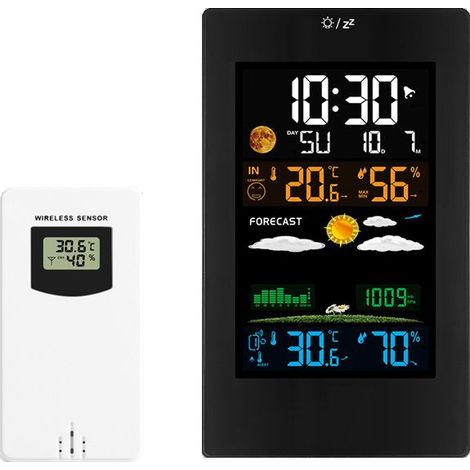 Wetterstation mit Außensensor, digitalem Innen- und Außenthermometer mit Hygrometer, drahtlose Wetterstation mit Temperatur-, Feuchtigkeits- und Wettervorhersageanzeige, Wecker und Luftdruckmessung (1/5)