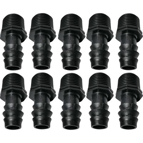 Lot de 10 Adaptateurs/raccords mâles cannelés Ø16mmx1/2'' de Tuyau Goutte à Goutte Filetage Externe (pour Tuyau de Ø16mm) - connecteur pour système d'irrigation/arrosage