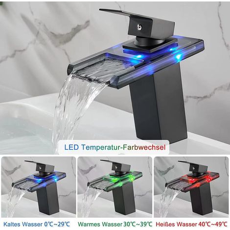 Mitigeur cascade LED pour lavabo, robinet chromé à 1 poignée avec 3 couleurs lumineuses - Noir (1/3)