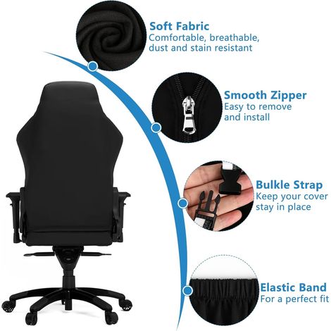 Juego de 4 fundas negras elásticas, extraíbles y lavables para sillas gaming con reposabrazos. Aptas para sillas de oficina, sillas gaming, sillas giratorias y sillones. (1/4)