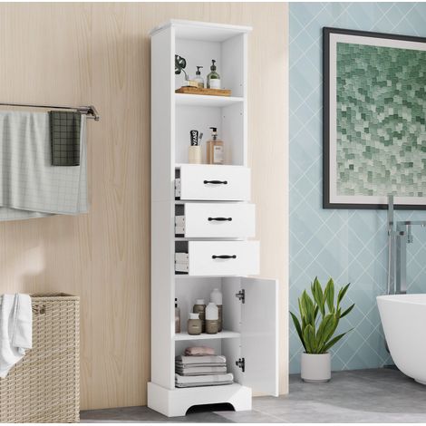 Badezimmerschrank MDF Weiß 38 cm, mit 3 Schubladen, offenen Fächern und verstellbarem Einlegeboden (1/5)