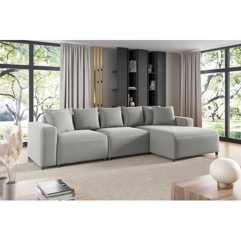 Ecksofa Designersofa Sofa MEGAN in Stoff Salvador Hellgrau Ottomane Rechts (1/2)