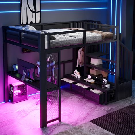 Letto a soppalco 140x200 cm nero in metallo e MDF con scrivania, armadio, LED e USB (1/5)