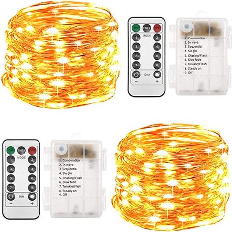 Set di due luci a stringa a batteria - 5 metri, 50 LED - con telecomando - 8 modalità - funzione timer - impermeabile IP20 - adatto per camere da letto interne ed esterne - luce bianca calda