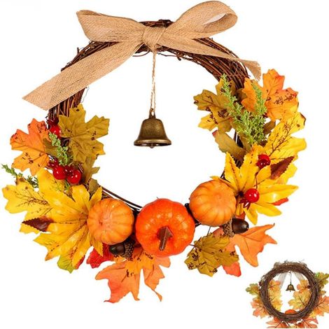 Couronne de Noël en rotin 30 cm, feuilles d'érable et citrouille, suspension porte (1/5)