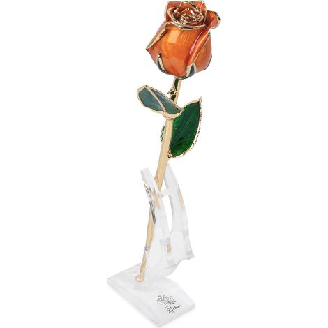 Rose dorée 24 carats orange vif avec socle, cadeau idéal pour la Saint-Valentin ou un anniversaire. (1/5)