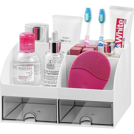 BelleRise - Organisateur de salle de bain avec porte-brosses à dents à 6 emplacements et 2 tiroirs, rangement pour dentifrice et maquillage (1/5)