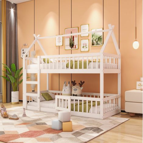 Letto a castello 90/200 cm bianco in legno con scala integrata e protezioni di sicurezza (1/5)