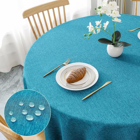 Tischdecke rund 120cm, hellblau, abwaschbar, Leinen-Optik, wasserabweisend