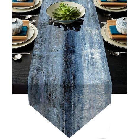 Chemin de table bleu-gris, 33 x 180 cm, style abstrait moderne en jute, pour salle à manger ou buffet, finition rustique, idéal pour Holi. (1/5)