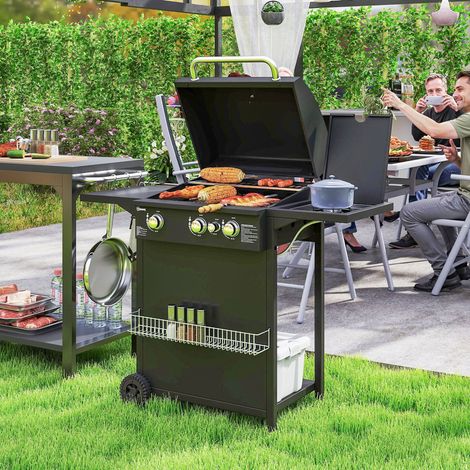 Barbecue gaz 3+1 brûleurs en acier, puissance 9,5 kW, barbecue de jardin 2 grilles étagères latérales, 2 roues, noir