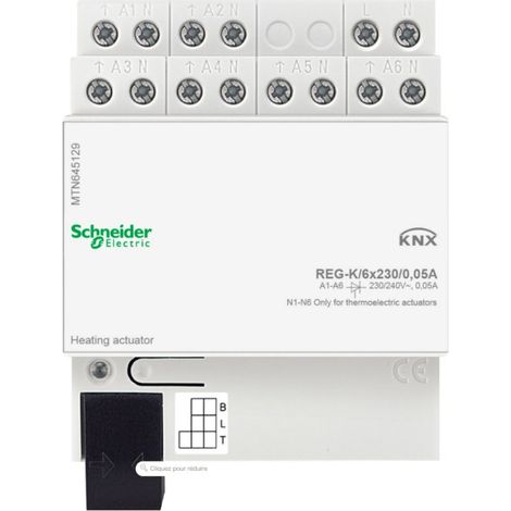 Schneider Electric – Actionneur modulaire 6 sorties 230V pour chauffage bus KNX – 6x0.05A – Protection surcharge/court-circuit – Fonctionnement d'urgence été/hiver
