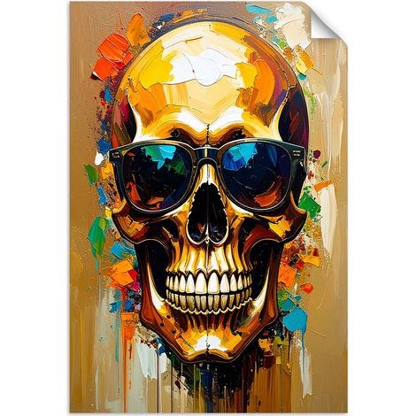 Selbstklebendes Poster – Wandsticker Bunte Totenkopf mit Brille 60x90 cm